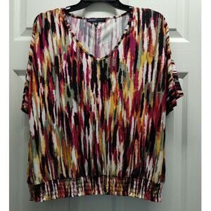 Adrienne Vittadini Size Small Multicolor Abstract V-Neck Shirred Waist Blouse